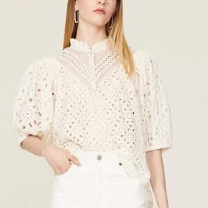 AllSaints Tila Top Broderie Embellished Sheer Puff Sleeve Cotton Blouse White 6